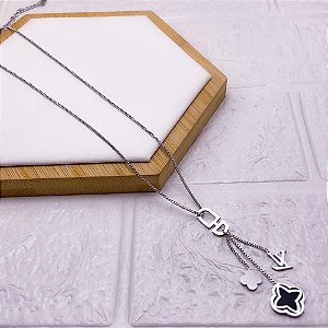 COLAR AÇO INOXIDÁVEL 45CM TREVO PRETO - PRATEADO