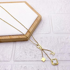 COLAR AÇO INOXIDÁVEL 45CM TREVO PEROLADO - DOURADO