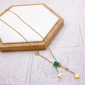COLAR AÇO INOXIDÁVEL 45CM TREVO VERDE - DOURADO