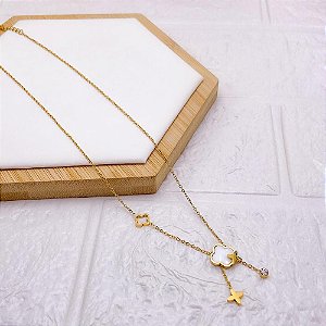 COLAR AÇO INOXIDÁVEL 45CM TREVO PEROLADO - DOURADO