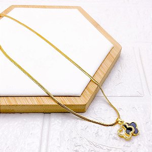 COLAR AÇO INOXIDÁVEL FITA 45CM PINGENTE BANHADO TREVO PRETO - DOURADO