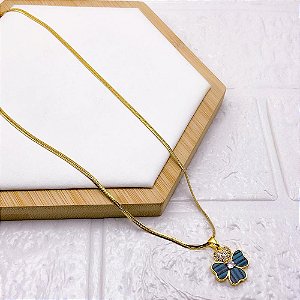 COLAR AÇO INOXIDÁVEL FITA 45CM PINGENTE BANHADO TREVO VERDE - DOURADO