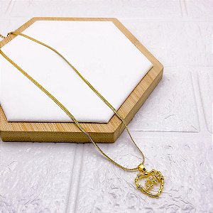 COLAR AÇO INOXIDÁVEL FITA 45CM PINGENTE BANHADO CORAÇÃO LOVE - DOURADO
