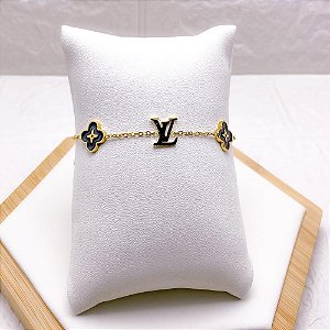 PULSEIRA AÇO INOX INSPIRE-SE TREVO PRETO  - DOURADA