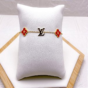 PULSEIRA AÇO INOX INSPIRE-SE TREVO VERMELHO  - DOURADA