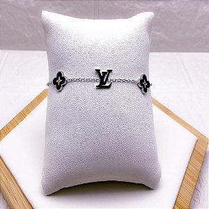 PULSEIRA AÇO INOX INSPIRE-SE TREVO PRETO  - PRATEADA