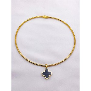 COLAR AÇO INOXIDÁVEL ARO SEMI RÍGIDO PINGENTE TREVO PRETO - DOURADO