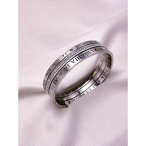 BRACELETE AÇO INOXIDÁVEL ALGARISMOS ROMANOS CRAVEJADO STRASS - PRATEADO