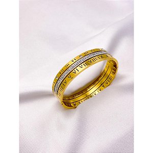 BRACELETE AÇO INOXIDÁVEL ALGARISMOS ROMANOS CRAVEJADO STRASS - DOURADO