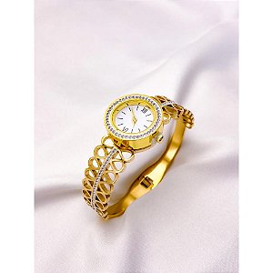 BRACELETE RELOGIO AÇO INOXIDÁVEL CORAÇÕES CRAVEJADO STRASS - DOURADO