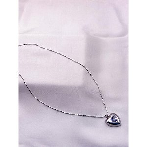 COLAR AÇO INOX 45CM MINI BOLINHAS PINGENTE CORAÇÃO PEDRA CRISTAL - PRATEADO