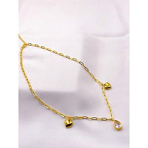 COLAR AÇO INOX 45CM CORRENTARIA PINGENTE GOTA PEDRA CRISTAL - DOURADO