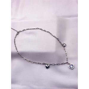 COLAR AÇO INOX 45CM CORRENTARIA PINGENTES CORAÇÃO PEDRA CRISTAL - PRATEADO