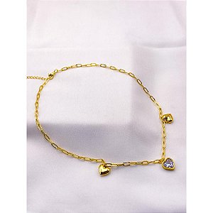 COLAR AÇO INOX 45CM CORRENTARIA PINGENTES CORAÇÃO PEDRA CRISTAL - DOURADO