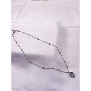 COLAR AÇO INOX 45CM BOLINHAS PINGENTE GOTA PEDRA CRISTAL - PRATEADO