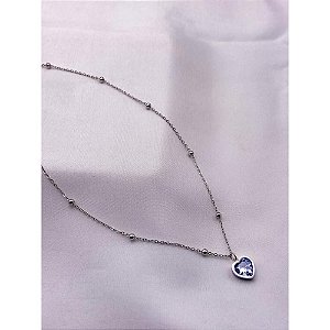 COLAR AÇO INOX 45CM BOLINHAS PINGENTE CORAÇÃO PEDRA CRISTAL - PRATEADO