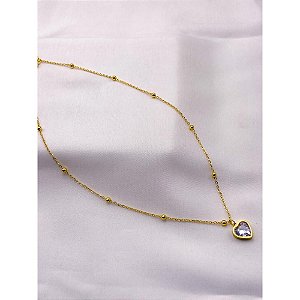 COLAR AÇO INOX 45CM BOLINHAS PINGENTE CORAÇÃO PEDRA CRISTAL - DOURADO