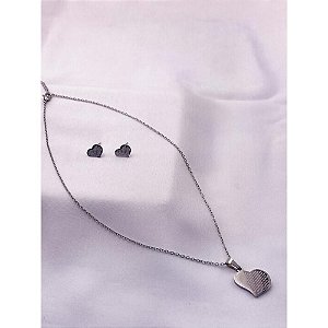 CONJUNTO COLAR  E BRINCO AÇO INOXIDÁVEL  CORAÇÃO ORAÇÃO PAI NOSSO - PRATEADO