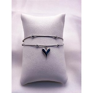 PULSEIRA  AÇO INOXIDÁVEL DUPLA BOLINHAS PINGENTE CORAÇÃO - PRATEADA