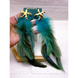 BRINCO AÇO INOX  ESTRELA DO MAR PENA AZUL - DOURADO