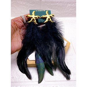 BRINCO AÇO INOX  ESTRELA DO MAR PENA PRETA - DOURADO