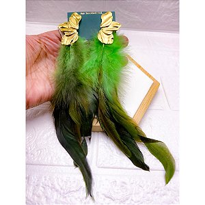 BRINCO AÇO INOX  MEIA FLOR PENA VERDE - DOURADO