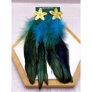 BRINCO AÇO INOX  FLOR PENA AZUL - DOURADO