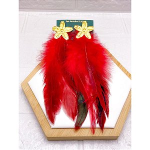 BRINCO AÇO INOX  FLOR PENA VERMELHA - DOURADO