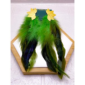 BRINCO AÇO INOX  FOLHAS PENA VERDE - DOURADO