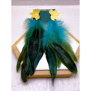 BRINCO AÇO INOX  FOLHAS PENA AZUL - DOURADO