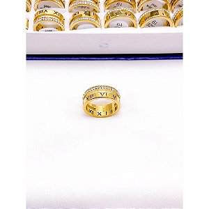 ANEL AÇO INOXIDÁVEL 2 FIOS CRAVEJADO PEDRA CRISTAL ALGARISMOS ROMANOS - DOURADO (UNIDADE)