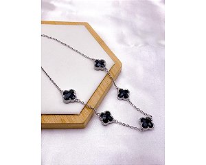 COLAR AÇO INOX 45CM TREVO PRETO - PRATEADO