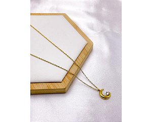 COLAR AÇO INOX 45CM PINGENTE MEIA LUA COM PEDRA CRISTAL - DOURADO