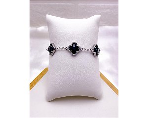 PULSEIRA  AÇO INOX PRATEADA - TREVO PRETO