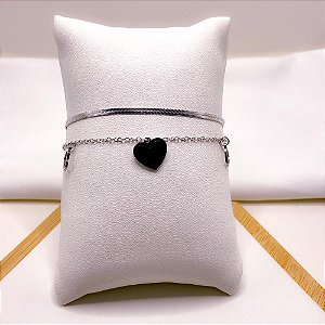 PULSEIRA AÇO INOXIDÁVEL DUPLA FITA E CORAÇÃO VAZADO PRETO - PRATEADA