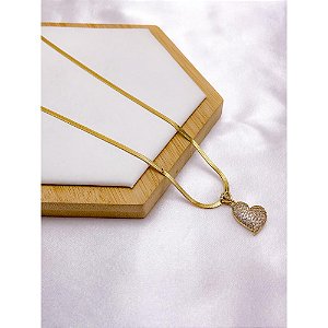 COLAR AÇO INOX 45CM PINGENTE CORAÇÃO CRAVEJADO BANHADO -  DOURADO