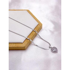 COLAR AÇO INOX 45CM PINGENTE CORAÇÃO CRAVEJADO BANHADO -  PRATEADO