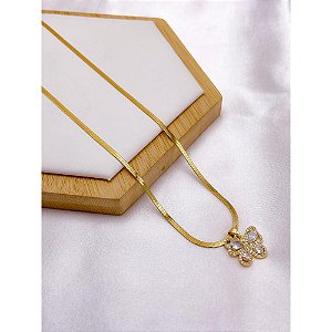 COLAR AÇO INOX 45CM PINGENTE BORBOLETA CRAVEJADO BANHADO -  DOURADO