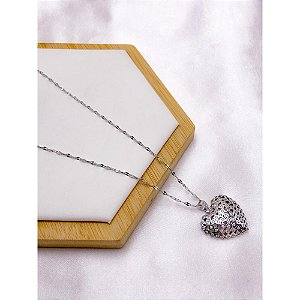 COLAR AÇO INOX 45CM PINGENTE CORAÇÃO CRAVEJADO BANHADO -  PRATEADO