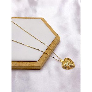 COLAR AÇO INOX 45CM PINGENTE CORAÇÃO CRAVEJADO BANHADO -  DOURADO