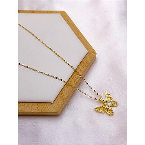 COLAR AÇO INOX 45CM PINGENTE BORBOLETA CRAVEJADO BANHADO -  DOURADO