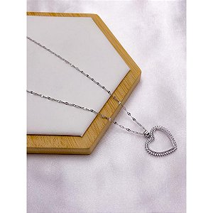 COLAR AÇO INOX 45CM PINGENTE CORAÇÃO CRAVEJADO BANHADO -  PRATEADO