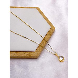 COLAR AÇO INOX 45CM PINGENTE REDONDO CRAVEJADO BANHADO -  DOURADO