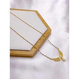 COLAR AÇO INOX 45CM PINGENTE ASAS CRAVEJADO BANHADO -  DOURADO