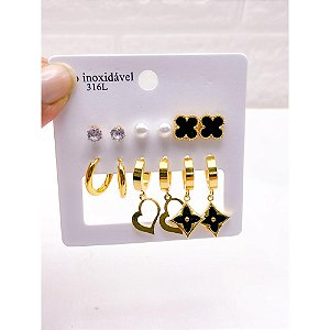 CARTELA 6 PARES BRINCO AÇO INOX ARGOLINHA E TREVO PRETO - DOURADO