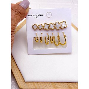 CARTELA 6 PARES BRINCO AÇO INOX  ARGOLINHA E TREVO PEROLADO - DOURADO