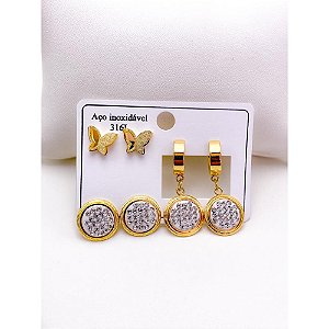 CARTELA TRIO BRINCO AÇO INOX  REDONDO CRAVEJADO - DOURADO