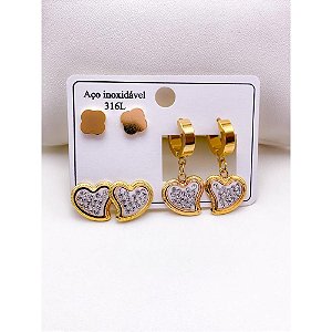 CARTELA TRIO BRINCO AÇO INOX  CORAÇÃO CRAVEJADO - DOURADO