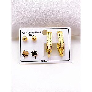 CARTELA TRIO BRINCO AÇO INOX  GEOMETRICO COM DETALHES - DOURADO