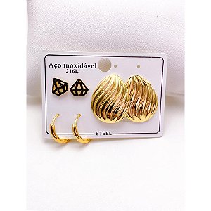 CARTELA TRIO BRINCO AÇO INOX  GEOMETRICO - DOURADO